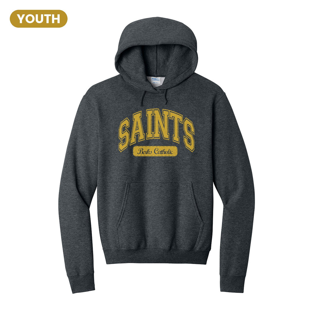 Berks Catholic Saints Varsity Arch youth hoodie in Dark Heather Grey: arched varsity SAINTS lettering over a Berks Catholic badge