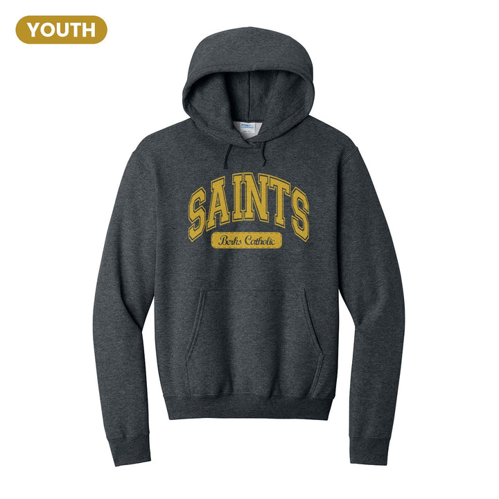 Berks Catholic Saints Varsity Arch youth hoodie in Dark Heather Grey: arched varsity SAINTS lettering over a Berks Catholic badge