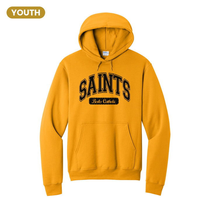 Berks Catholic Saints Varsity Arch youth hoodie in Gold: arched varsity SAINTS lettering over a Berks Catholic badge