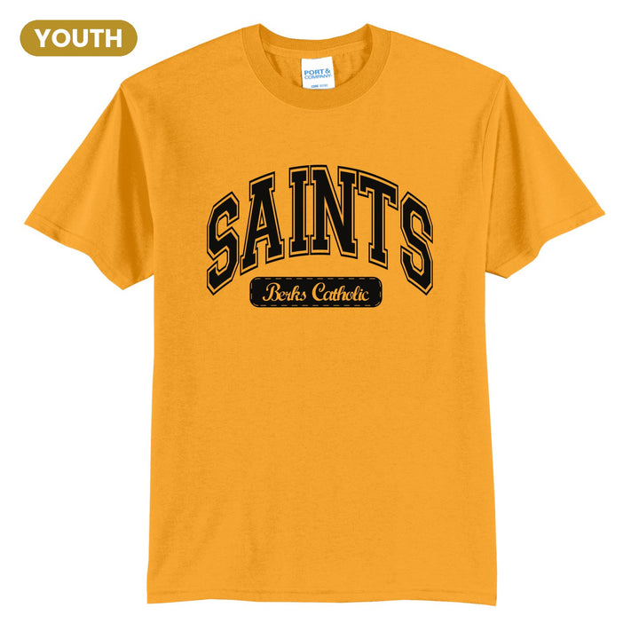 Berks Catholic Saints Varsity Arch youth t-shirt in Gold: arched varsity SAINTS lettering over a Berks Catholic badge