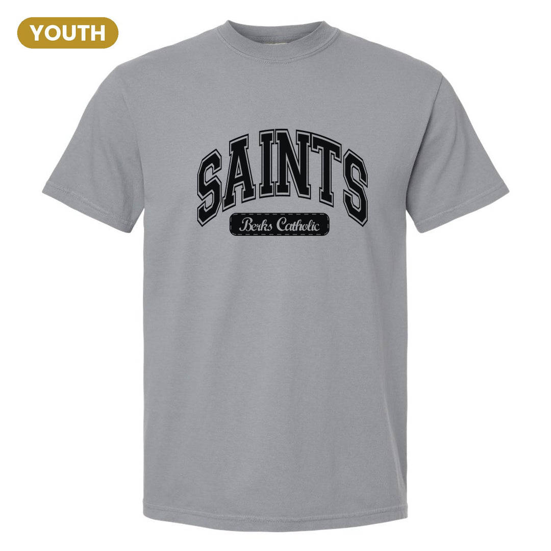 Berks Catholic Saints Varsity Arch youth comfort colors t-shirt in Granite: arched varsity SAINTS lettering over a Berks Catholic badge