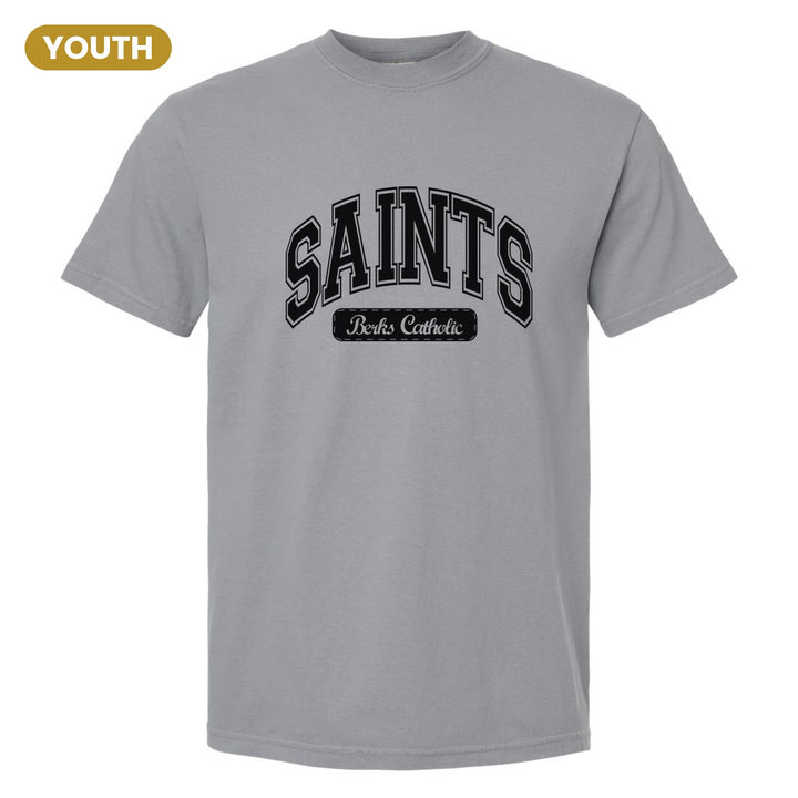 Berks Catholic Saints Varsity Arch youth comfort colors t-shirt in Granite: arched varsity SAINTS lettering over a Berks Catholic badge