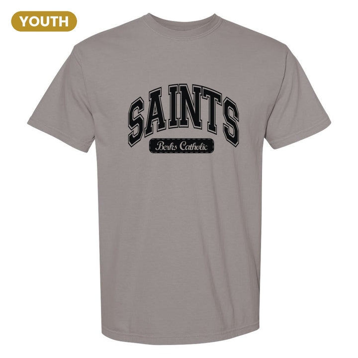 Berks Catholic Saints Varsity Arch youth comfort colors t-shirt in Grey: arched varsity SAINTS lettering over a Berks Catholic badge