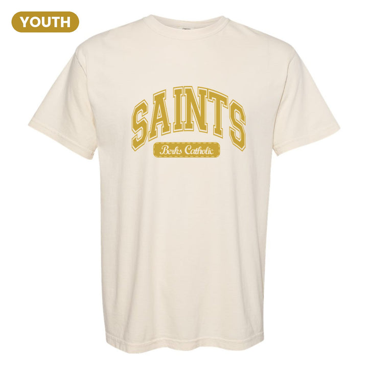 Berks Catholic Saints Varsity Arch youth comfort colors t-shirt in Ivory: arched varsity SAINTS lettering over a Berks Catholic badge