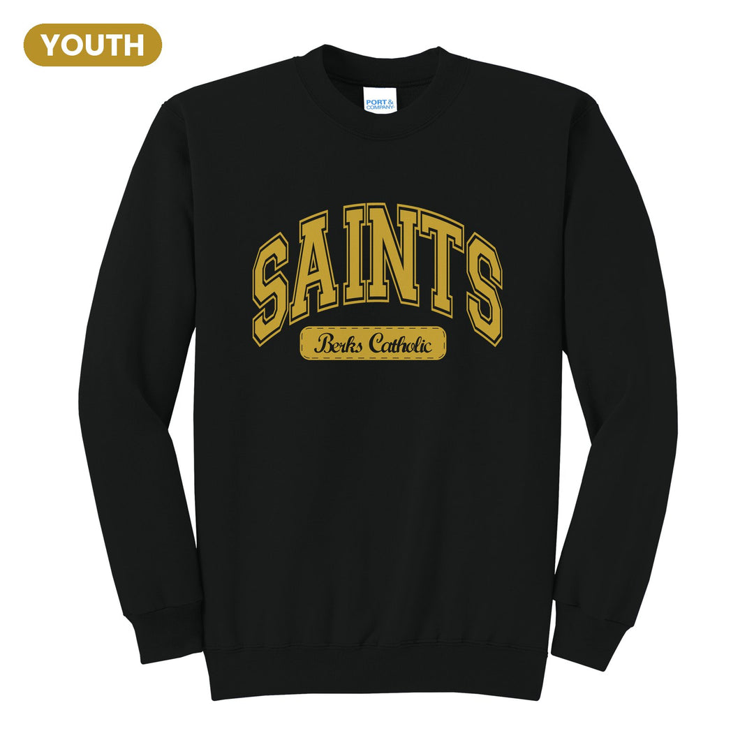 Berks Catholic Saints Varsity Arch youth crewneck sweatshirt in Jet Black: arched varsity SAINTS lettering over a Berks Catholic badge
