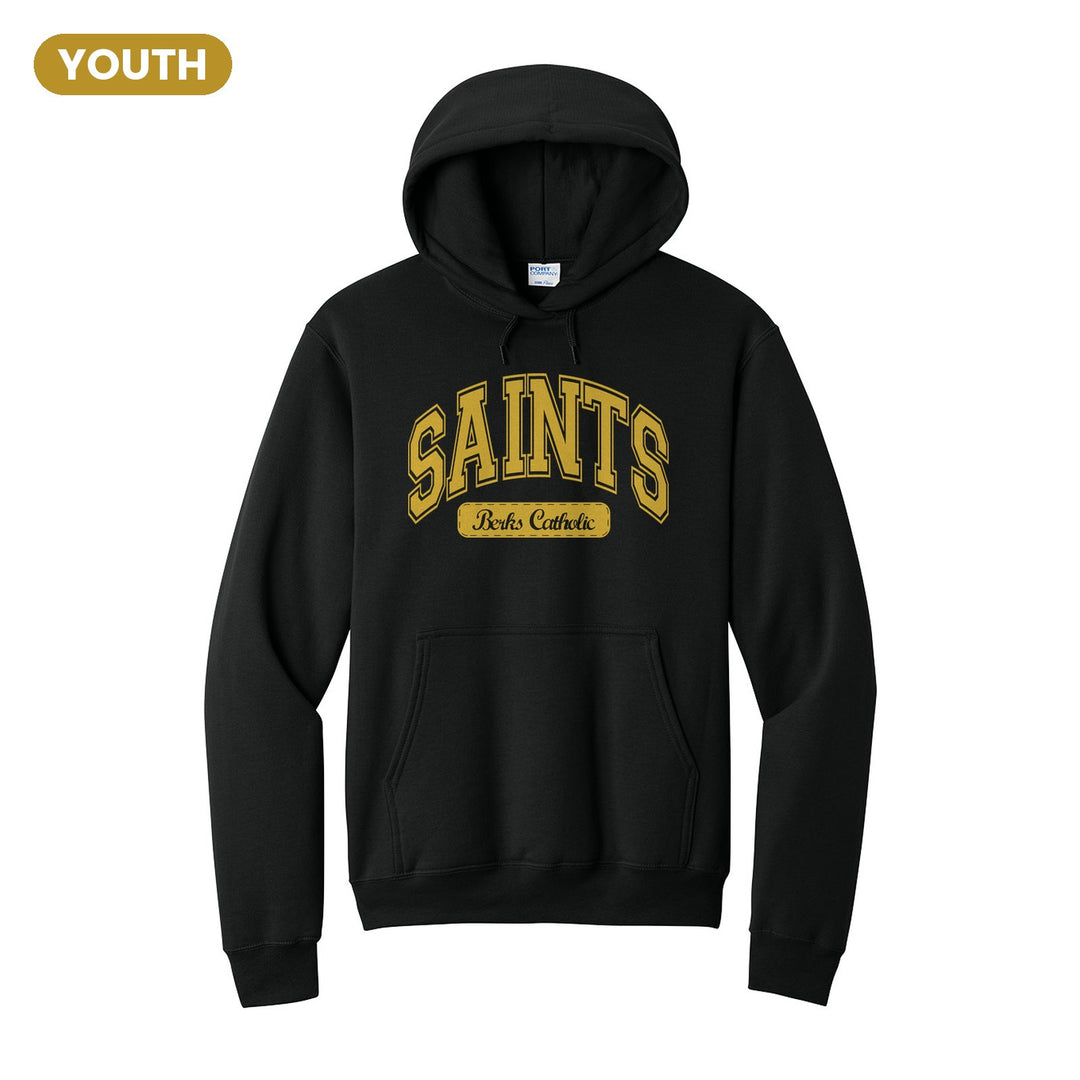 Berks Catholic Saints Varsity Arch youth hoodie in Jet Black: arched varsity SAINTS lettering over a Berks Catholic badge