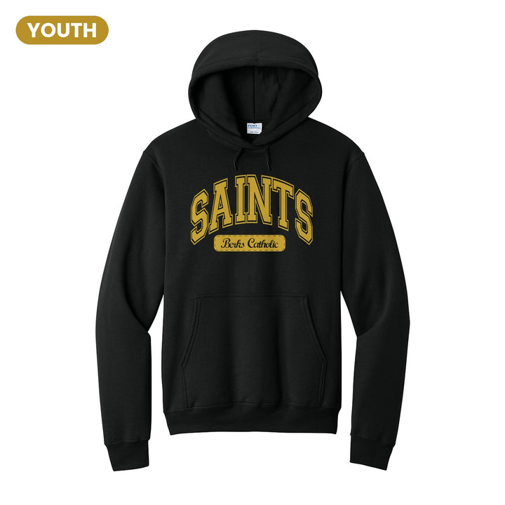 Berks Catholic Saints Varsity Arch youth hoodie in Jet Black: arched varsity SAINTS lettering over a Berks Catholic badge