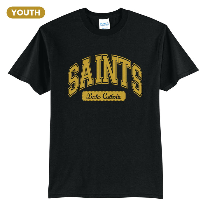 Berks Catholic Saints Varsity Arch youth t-shirt in Jet Black: arched varsity SAINTS lettering over a Berks Catholic badge