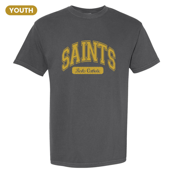 Berks Catholic Saints Varsity Arch youth comfort colors t-shirt in Pepper: arched varsity SAINTS lettering over a Berks Catholic badge