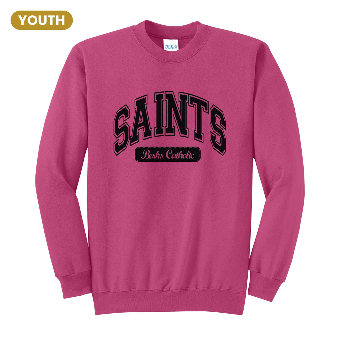 Berks Catholic Saints Varsity Arch youth crewneck sweatshirt in Sangria: arched varsity SAINTS lettering over a Berks Catholic badge