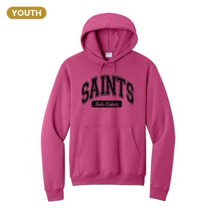 Berks Catholic Saints Varsity Arch youth hoodie in Sangria: arched varsity SAINTS lettering over a Berks Catholic badge