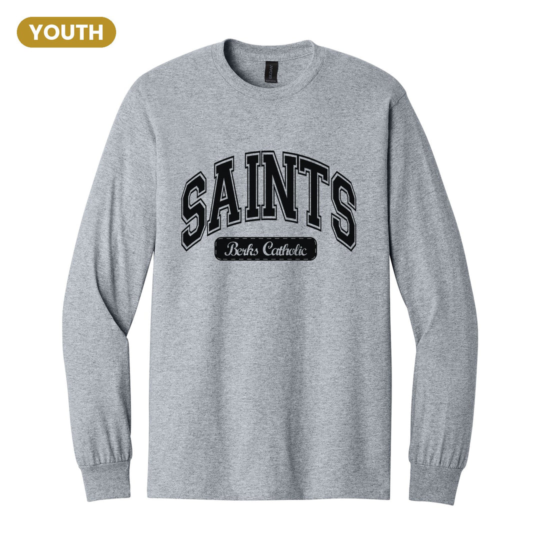 Berks Catholic Saints Varsity Arch youth long sleeve t-shirt in Sport Grey: arched varsity SAINTS lettering over a Berks Catholic badge