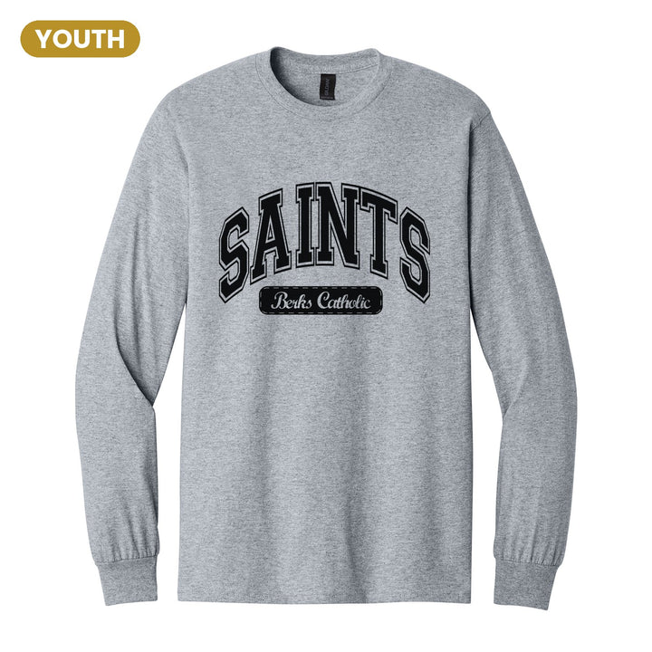 Berks Catholic Saints Varsity Arch youth long sleeve t-shirt in Sport Grey: arched varsity SAINTS lettering over a Berks Catholic badge