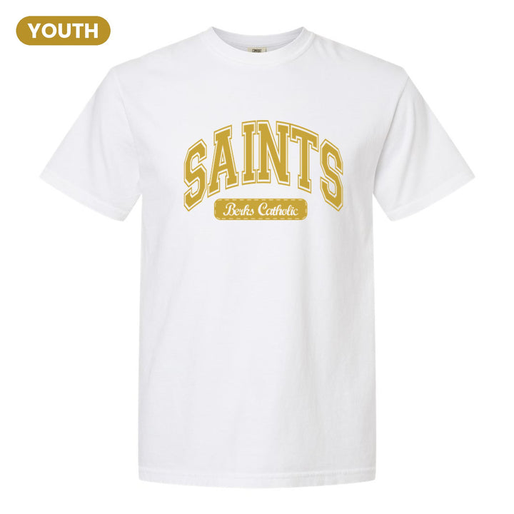 Berks Catholic Saints Varsity Arch youth comfort colors t-shirt in White: arched varsity SAINTS lettering over a Berks Catholic badge