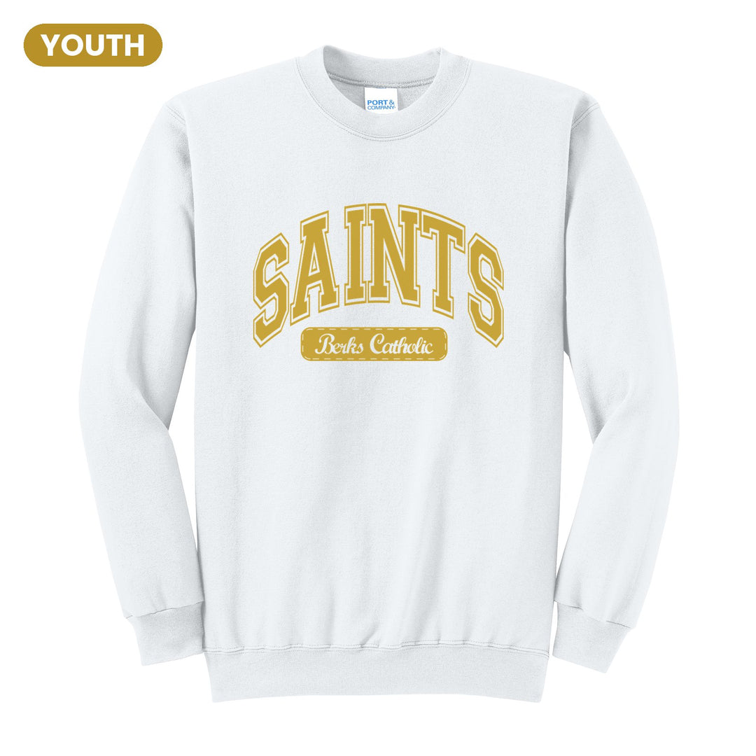 Berks Catholic Saints Varsity Arch youth crewneck sweatshirt in White: arched varsity SAINTS lettering over a Berks Catholic badge