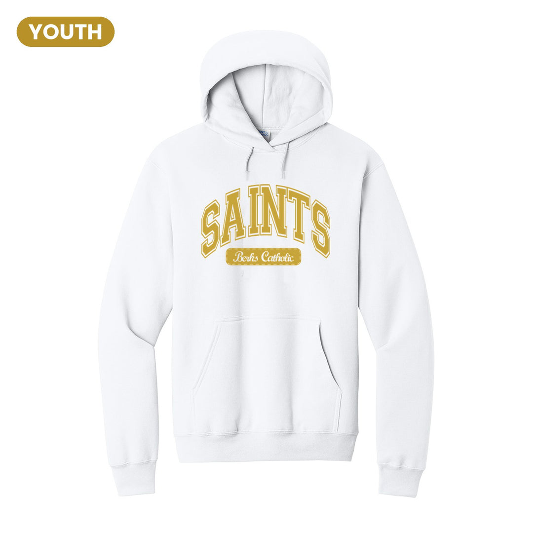 Berks Catholic Saints Varsity Arch youth hoodie in White: arched varsity SAINTS lettering over a Berks Catholic badge