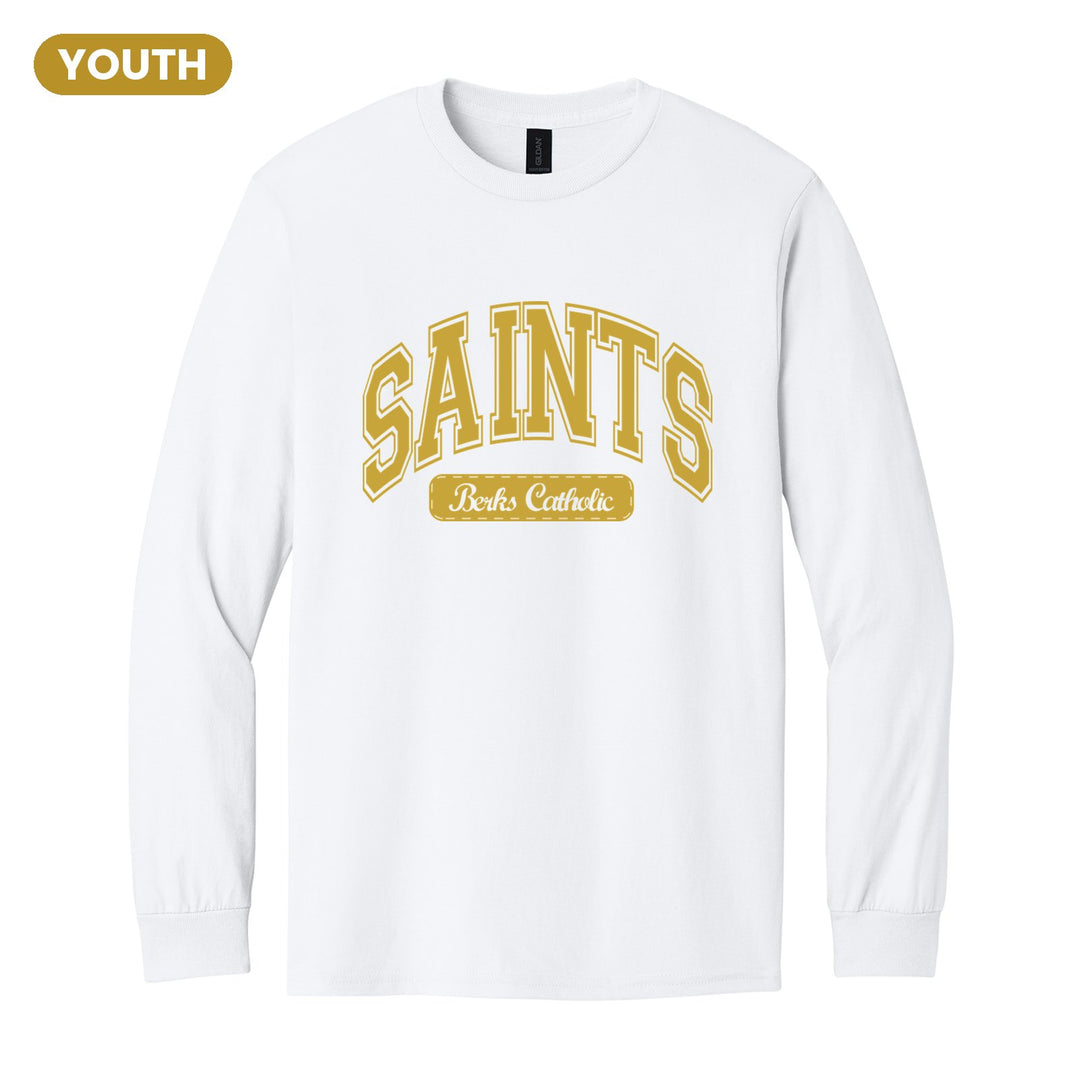Berks Catholic Saints Varsity Arch youth long sleeve t-shirt in White: arched varsity SAINTS lettering over a Berks Catholic badge