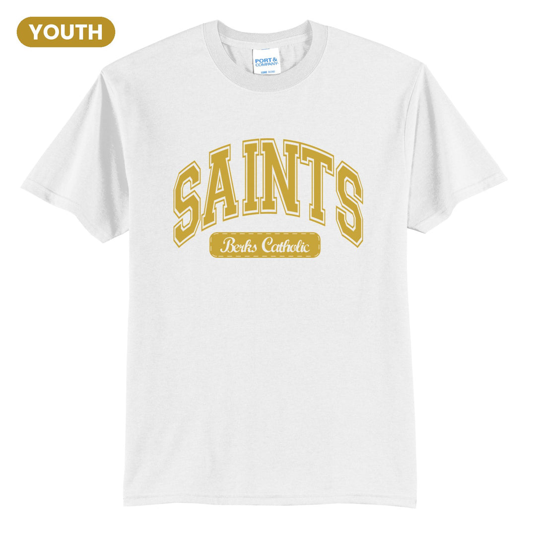 Berks Catholic Saints Varsity Arch youth t-shirt in White: arched varsity SAINTS lettering over a Berks Catholic badge