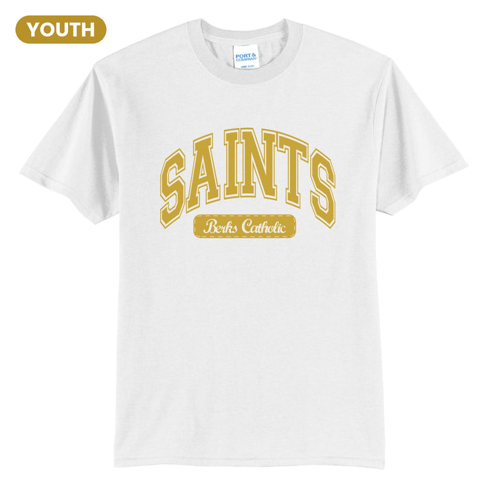 Berks Catholic Saints Varsity Arch youth t-shirt in White: arched varsity SAINTS lettering over a Berks Catholic badge