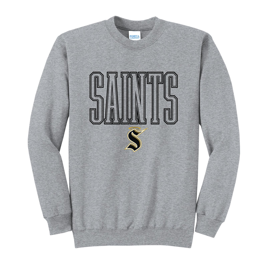 Berks Catholic Saints Outline Saints crewneck sweatshirt in Athletic Heather: outlined SAINTS lettering over the halo S