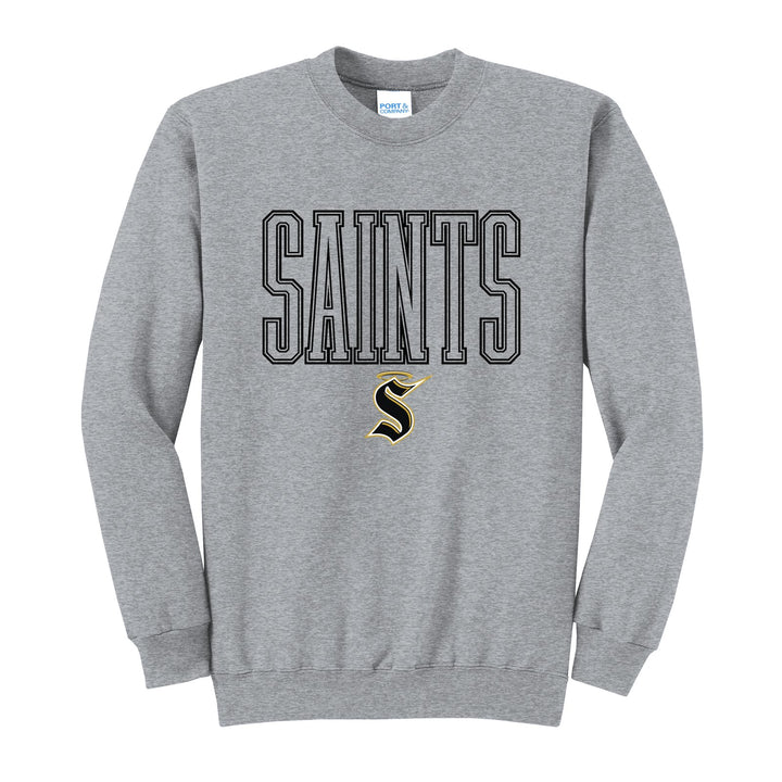 Berks Catholic Saints Outline Saints crewneck sweatshirt in Athletic Heather: outlined SAINTS lettering over the halo S