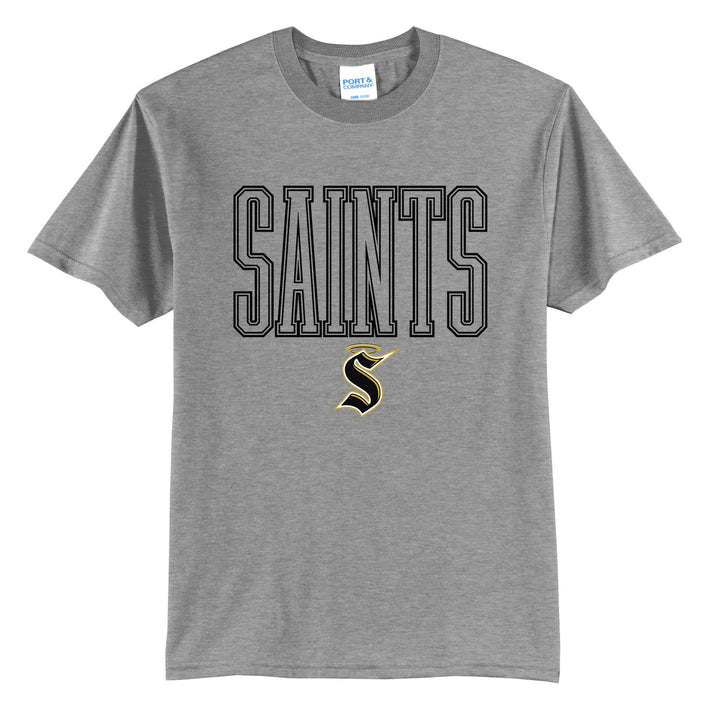 Berks Catholic Saints Outline Saints t-shirt in Athletic Heather: outlined SAINTS lettering over the halo S