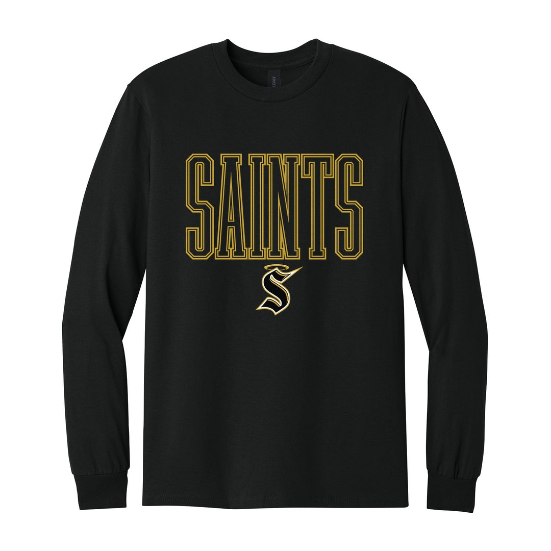 Berks Catholic Saints Outline Saints long sleeve t-shirt in Black: outlined SAINTS lettering over the halo S