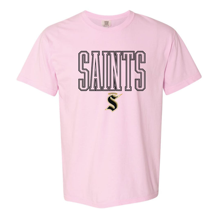 Berks Catholic Saints Outline Saints comfort colors t-shirt in Blossom: outlined SAINTS lettering over the halo S