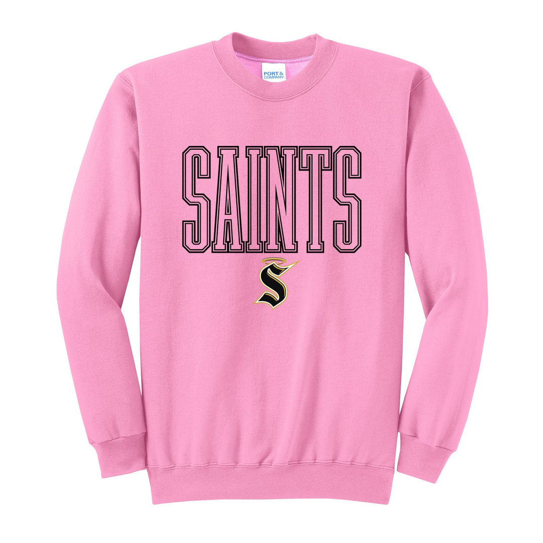 Berks Catholic Saints Outline Saints crewneck sweatshirt in Candy Pink: outlined SAINTS lettering over the halo S