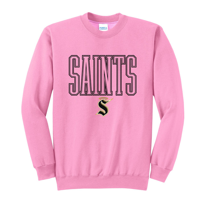 Berks Catholic Saints Outline Saints crewneck sweatshirt in Candy Pink: outlined SAINTS lettering over the halo S