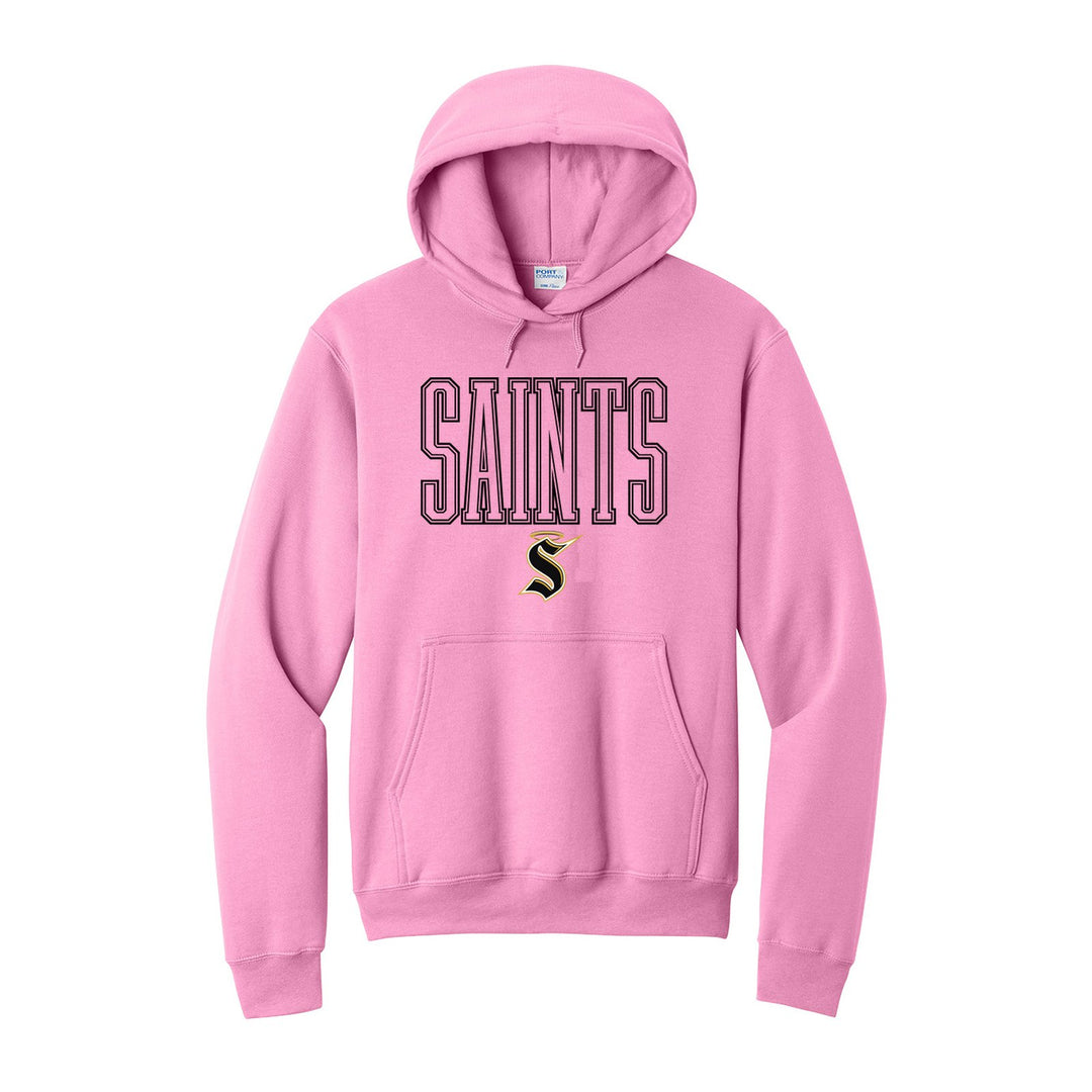 Berks Catholic Saints Outline Saints hoodie in Candy Pink: outlined SAINTS lettering over the halo S