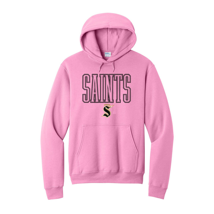 Berks Catholic Saints Outline Saints hoodie in Candy Pink: outlined SAINTS lettering over the halo S