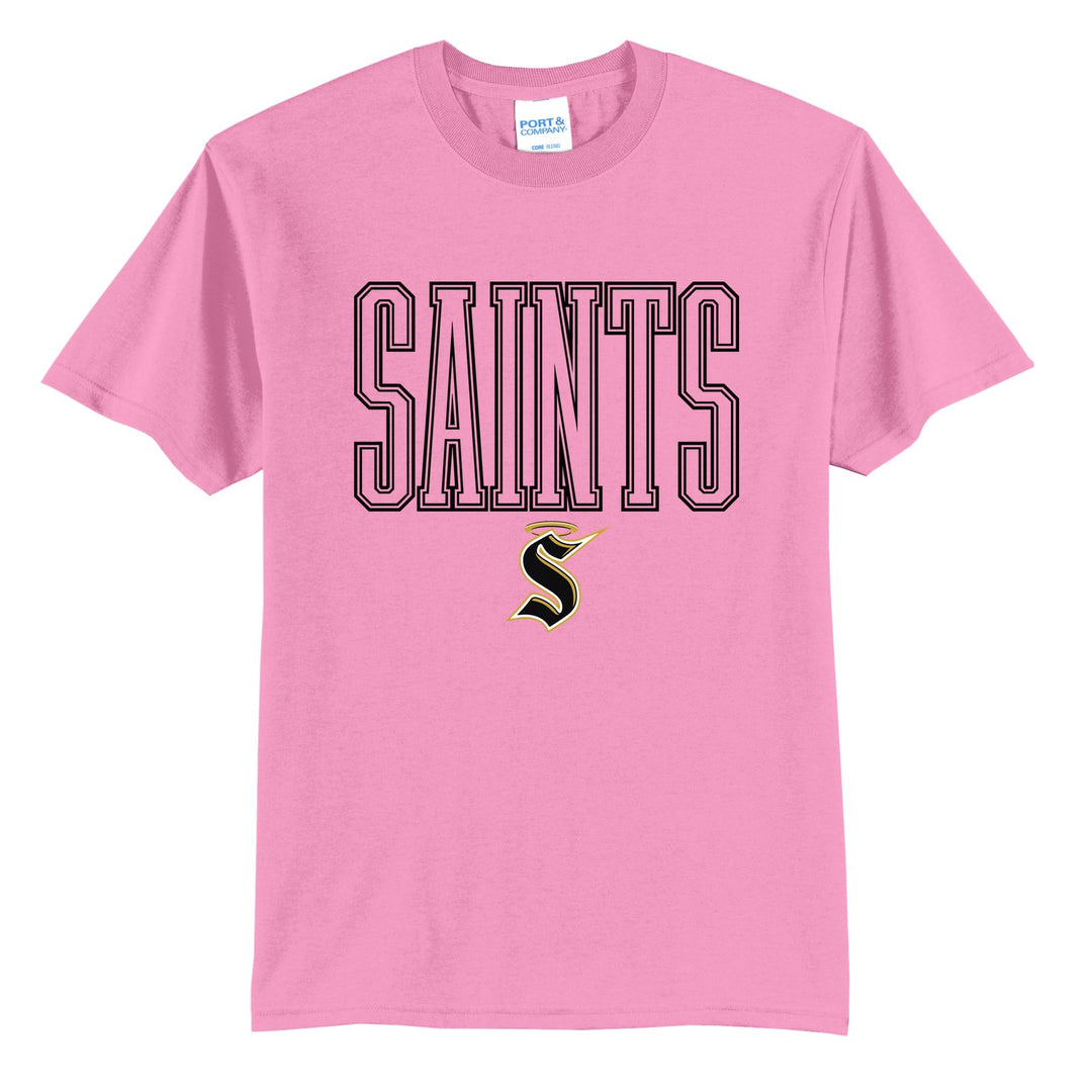 Berks Catholic Saints Outline Saints t-shirt in Candy Pink: outlined SAINTS lettering over the halo S