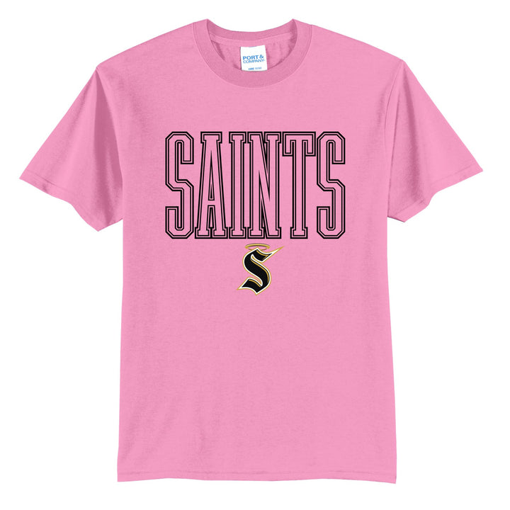 Berks Catholic Saints Outline Saints t-shirt in Candy Pink: outlined SAINTS lettering over the halo S