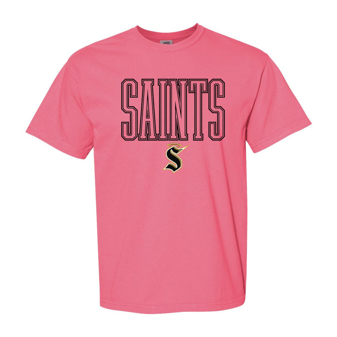 Berks Catholic Saints Outline Saints comfort colors t-shirt in Crunchberry: outlined SAINTS lettering over the halo S