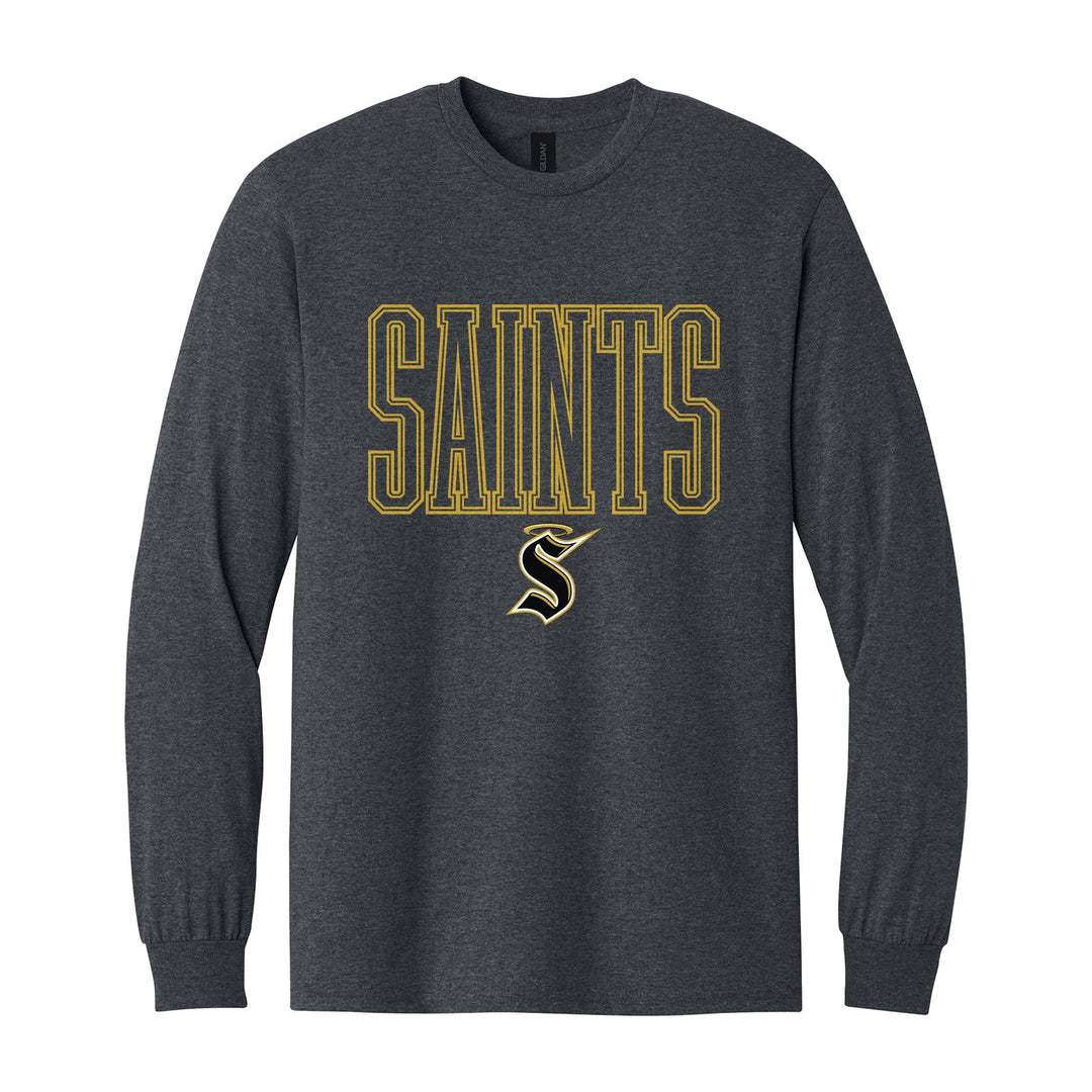 Berks Catholic Saints Outline Saints long sleeve t-shirt in Dark Heather: outlined SAINTS lettering over the halo S