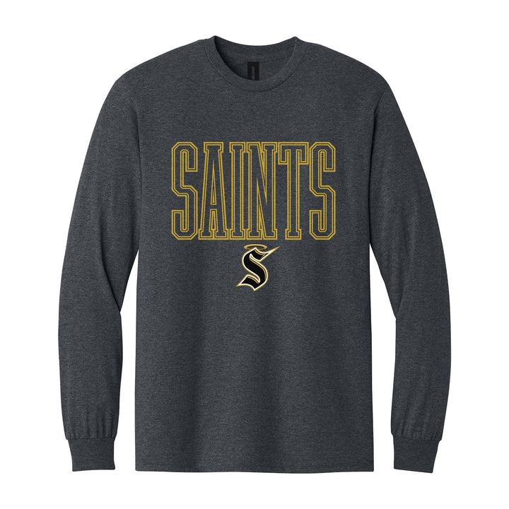Berks Catholic Saints Outline Saints long sleeve t-shirt in Dark Heather: outlined SAINTS lettering over the halo S