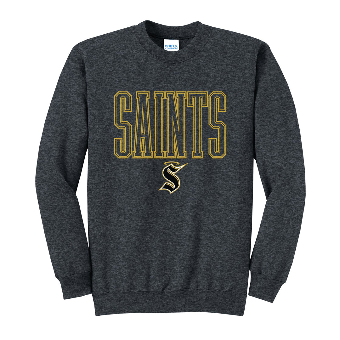 Berks Catholic Saints Outline Saints crewneck sweatshirt in Dark Heather Grey: outlined SAINTS lettering over the halo S