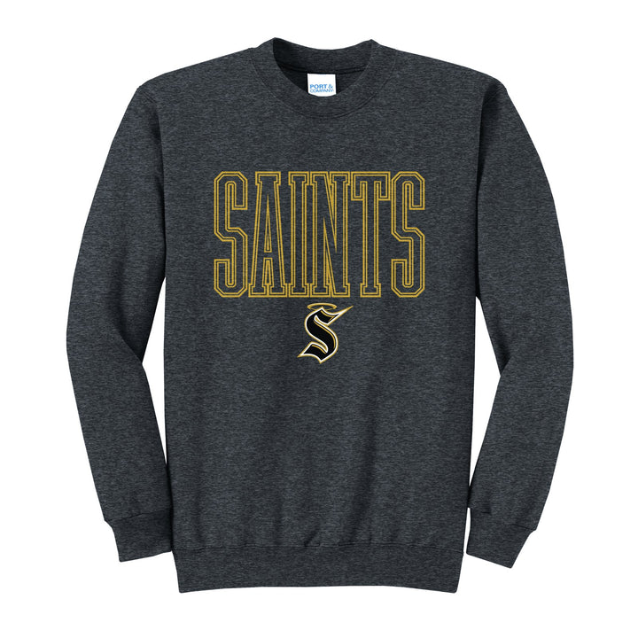 Berks Catholic Saints Outline Saints crewneck sweatshirt in Dark Heather Grey: outlined SAINTS lettering over the halo S
