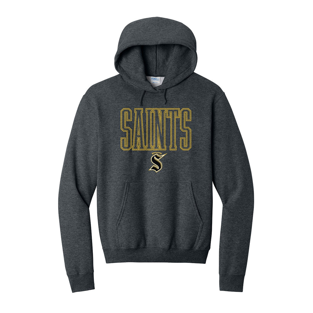 Berks Catholic Saints Outline Saints hoodie in Dark Heather Grey: outlined SAINTS lettering over the halo S