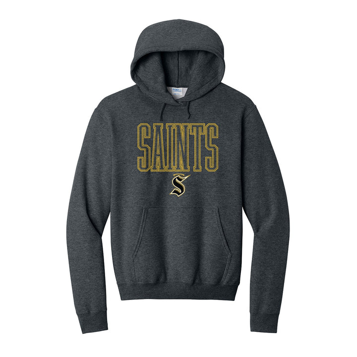 Berks Catholic Saints Outline Saints hoodie in Dark Heather Grey: outlined SAINTS lettering over the halo S