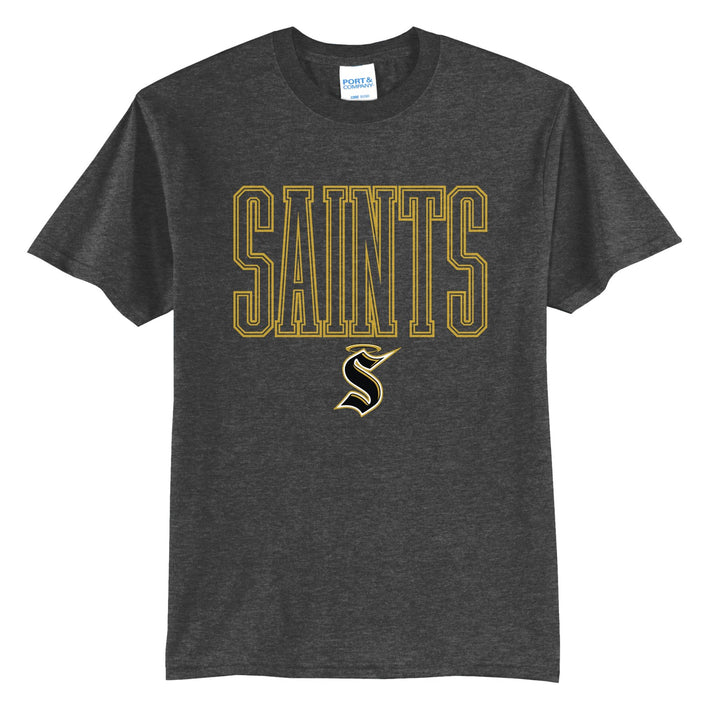 Berks Catholic Saints Outline Saints t-shirt in Dark Heather Grey: outlined SAINTS lettering over the halo S