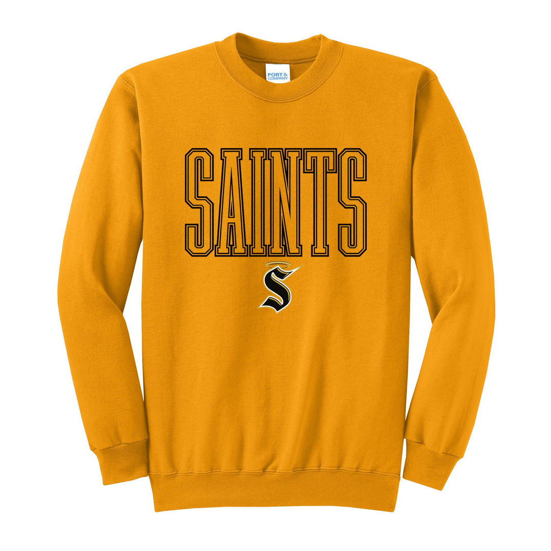Berks Catholic Saints Outline Saints crewneck sweatshirt in Gold: outlined SAINTS lettering over the halo S