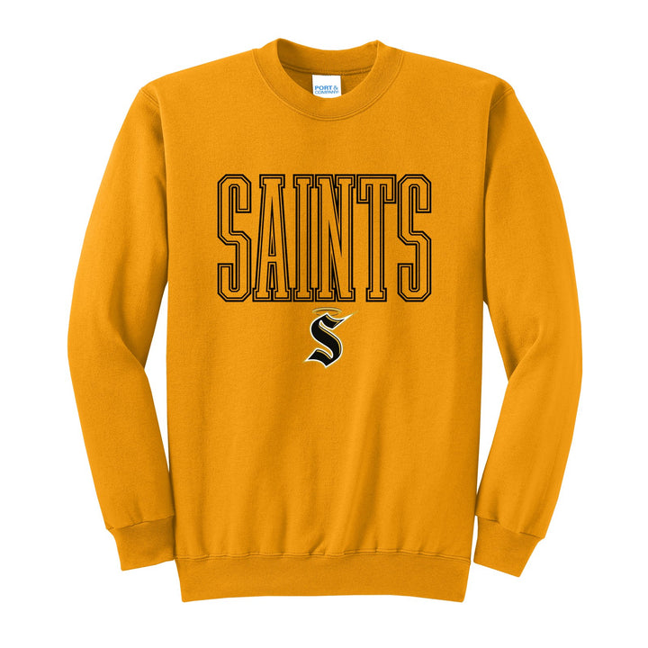Berks Catholic Saints Outline Saints crewneck sweatshirt in Gold: outlined SAINTS lettering over the halo S
