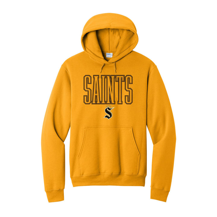 Berks Catholic Saints Outline Saints hoodie in Gold: outlined SAINTS lettering over the halo S