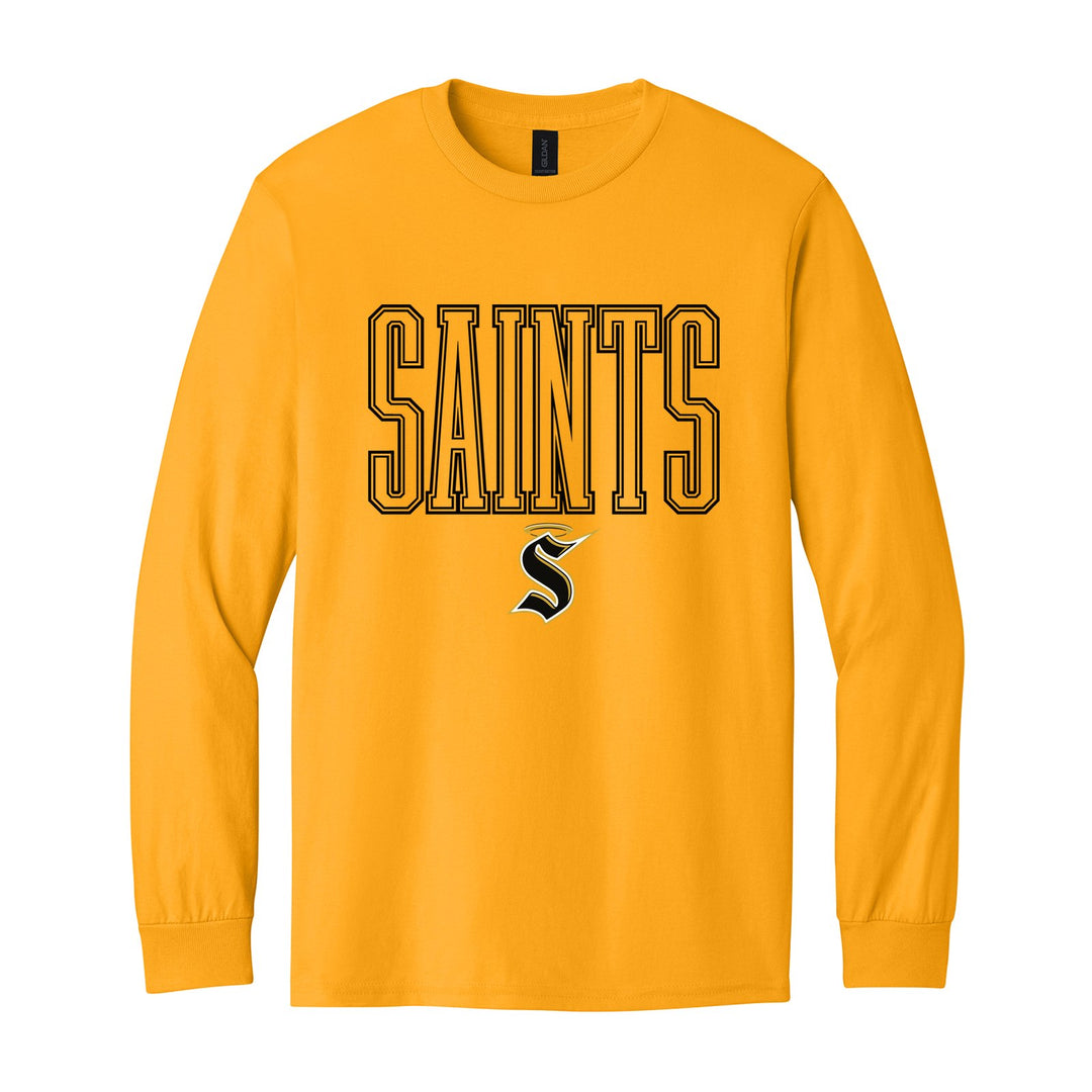 Berks Catholic Saints Outline Saints long sleeve t-shirt in Gold: outlined SAINTS lettering over the halo S