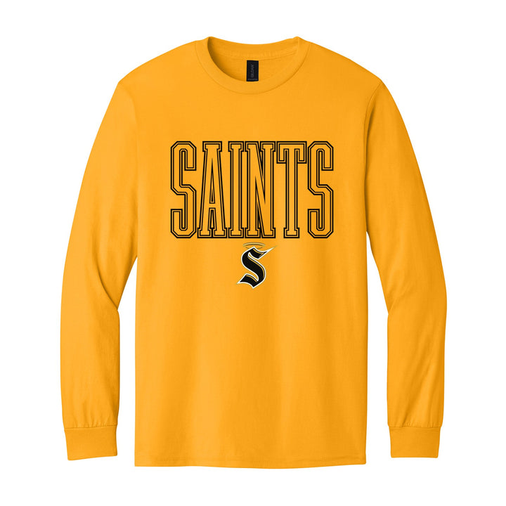 Berks Catholic Saints Outline Saints long sleeve t-shirt in Gold: outlined SAINTS lettering over the halo S