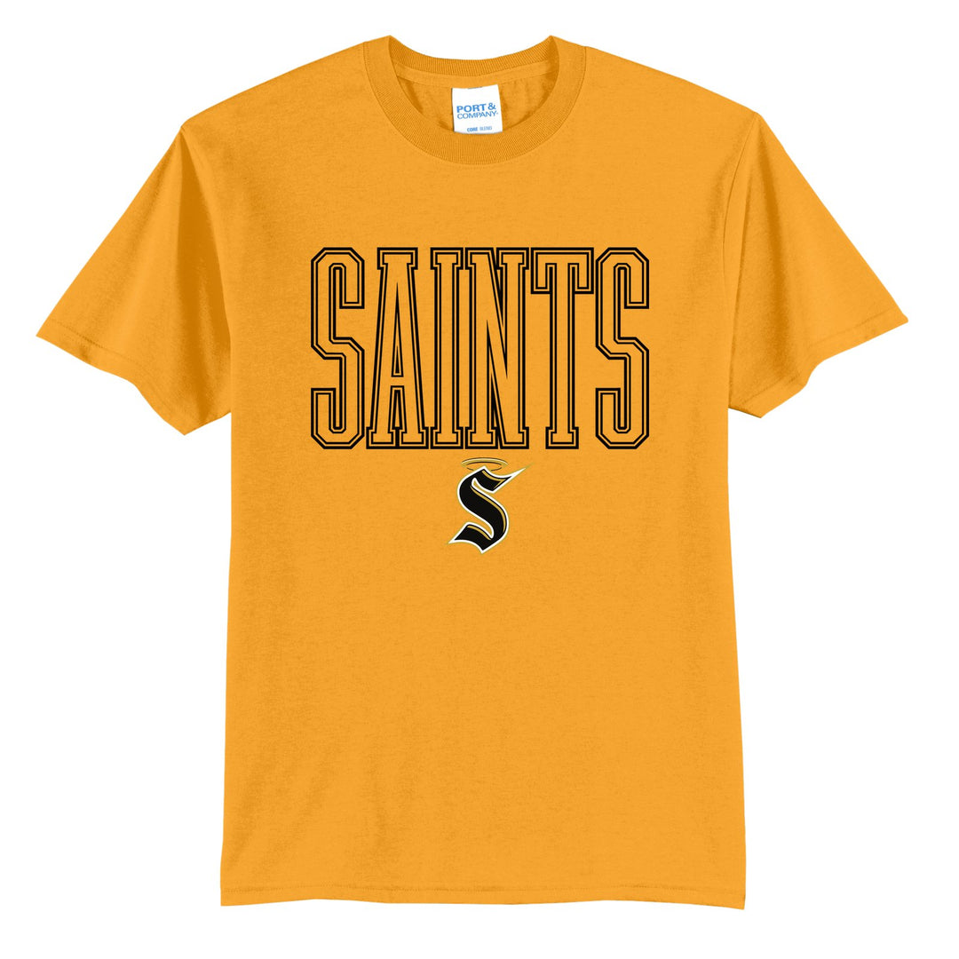 Berks Catholic Saints Outline Saints t-shirt in Gold: outlined SAINTS lettering over the halo S