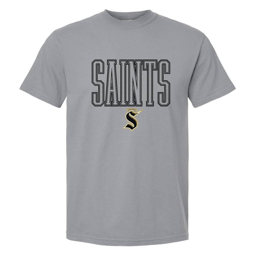 Berks Catholic Saints Outline Saints comfort colors t-shirt in Granite: outlined SAINTS lettering over the halo S