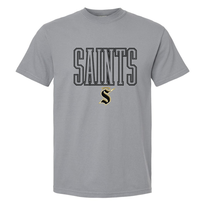 Berks Catholic Saints Outline Saints comfort colors t-shirt in Granite: outlined SAINTS lettering over the halo S